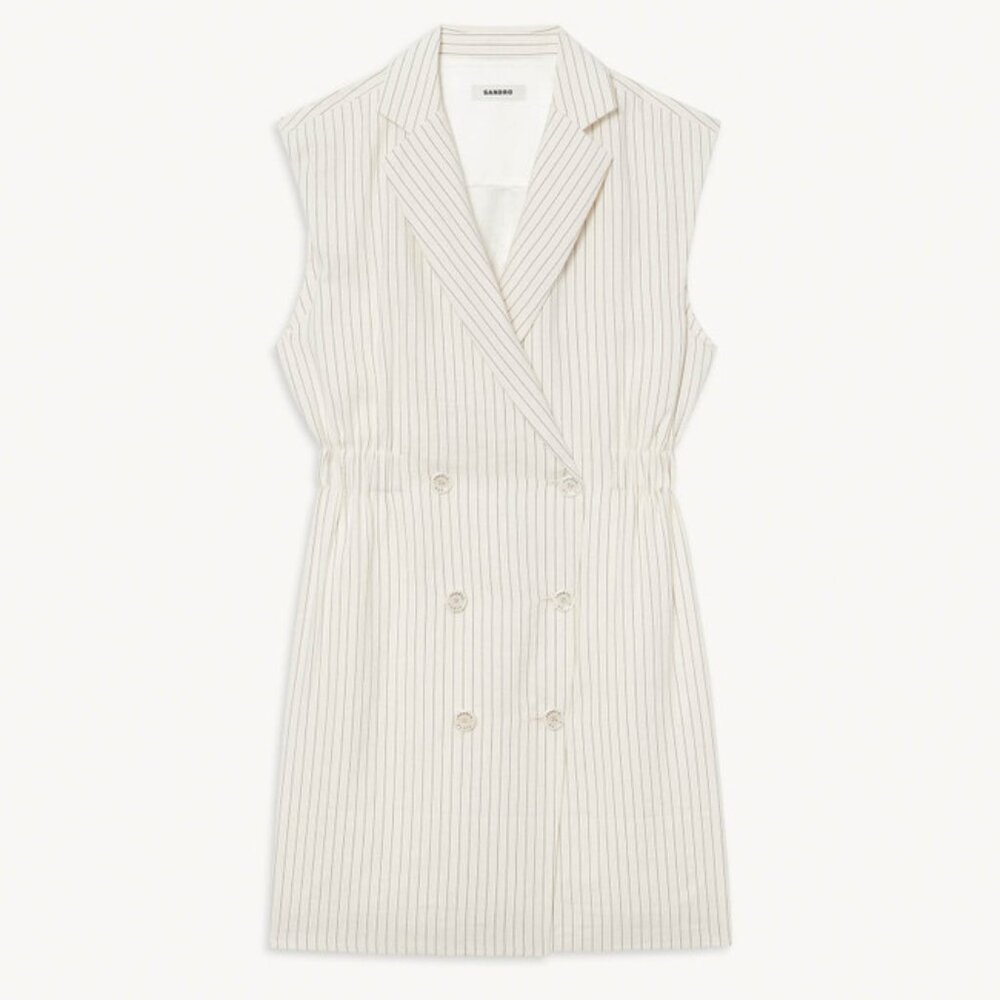 SANDRO Cosima Double Breasted Pinstriped Linen Blend Mini Dress Ecru Size 4